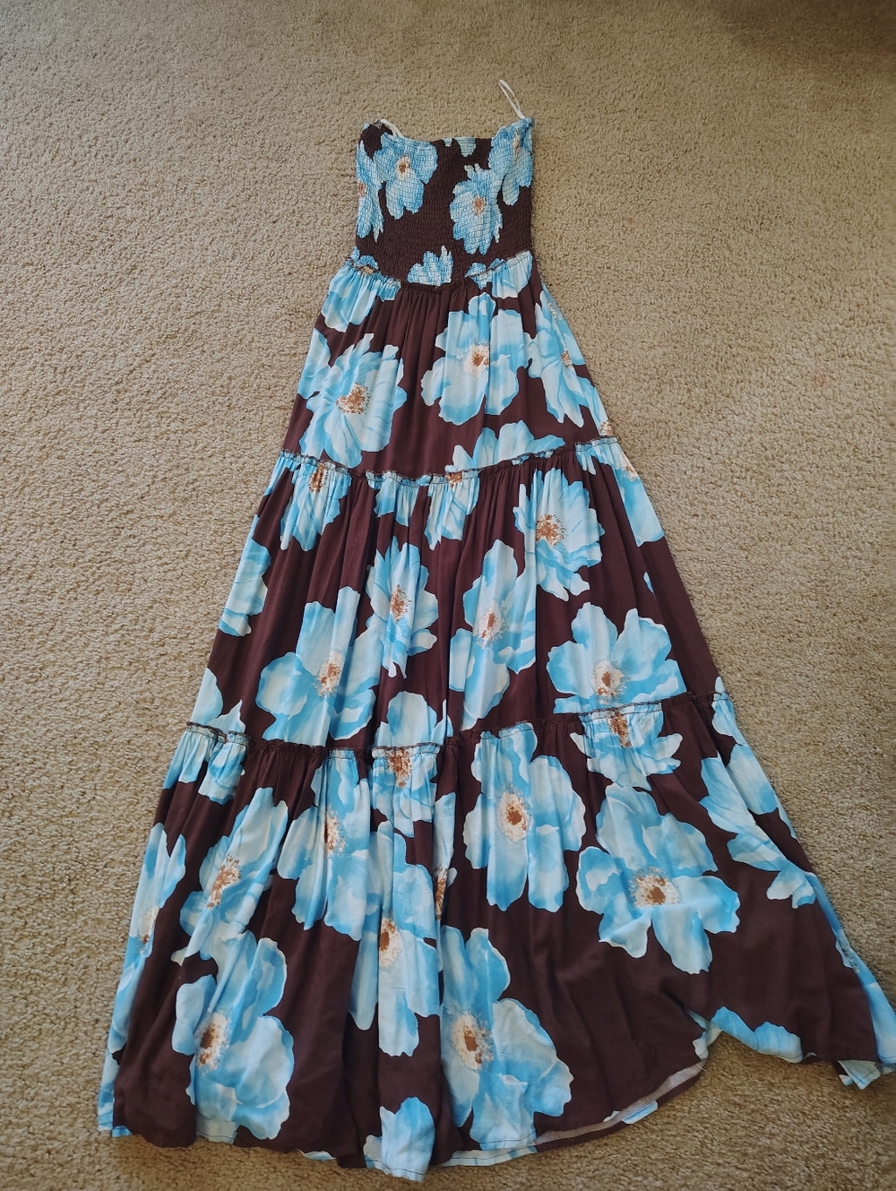 Floral Tiered Maxi Dress in Brown and Light Blue